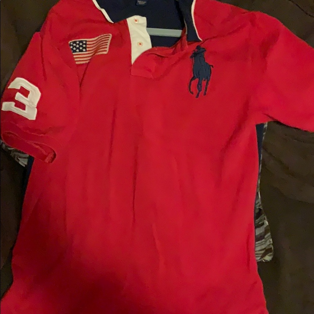 Red and blue polo collared shirt